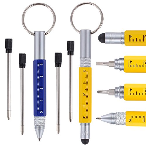 Shulaner 6 in 1 Small Metal Tech Tool Ballpoint Pens with Key Ring, Ruler, Stylus and Two-head Screwdriver, Multi functional Tool Fits for Mens or Women, Pack of 5