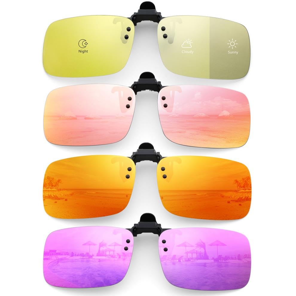 Image of Hifot Clip on Sunglasses 4 Pack,Polarized Lens Fit Over Prescription Glasses,Flip up Rimless Sunglasses