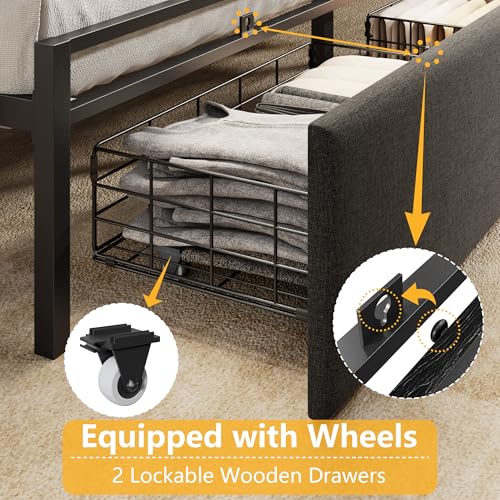 Image of Furnulem Queen Bed Frame with Storage Drawers, Upholstered Headboard with LED Light & Charging Station, Metal Platform Bed Frame Queen Size, Noise Free, No Box Spring Needed, Black (1200 lbs Capacity)