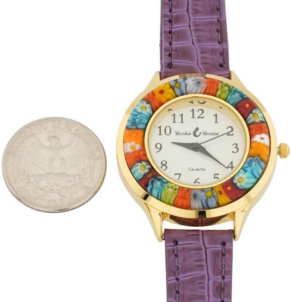 Glass Of Venice Serena Murano Millefiori Watch with Leather Band - Gold Purple