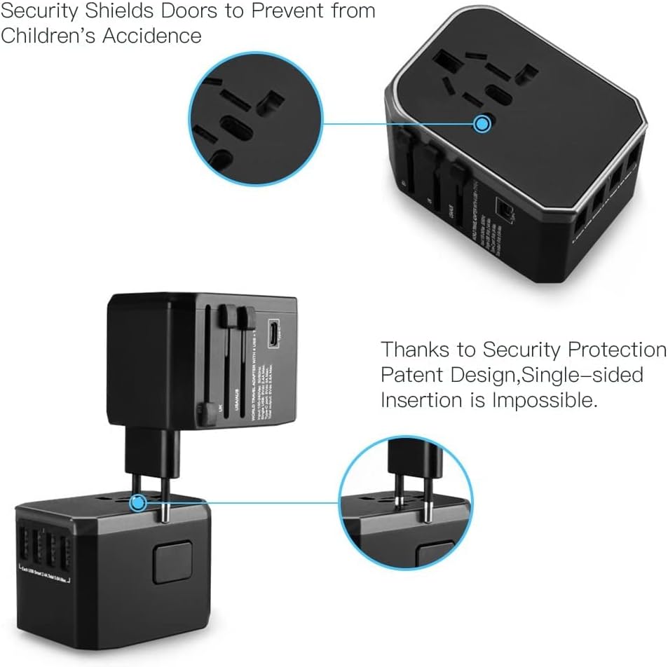 International Travel Adapter, Evershop 5.6A 4 USB and Type-C Port AC Plug Universal Power Adaptor Socket All in One Worldwide Charger Outlet for US AU UK Europe Over 224 Countries
