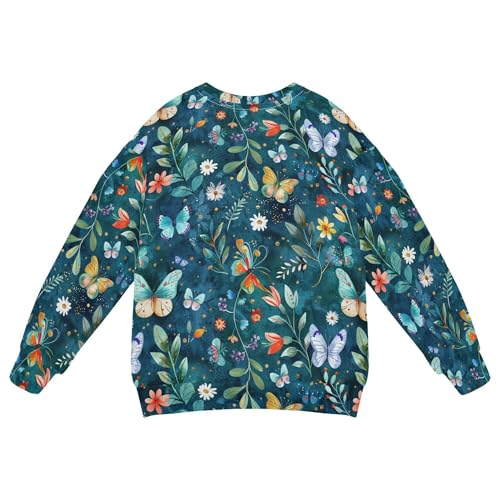 JUNZAN Colorful Butterflies and Flowers Teal Green Kids Girls Hooded Sweatshirt Crewneck Fall Tops Shirts Athletic 4T2