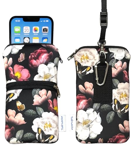 Image of Tainada Women Cell Phone Neoprene Shockproof Zipper Sleeve Case Bag Pouch w /Carabiner, Neck Lanyard, Belt Loop Holster for iPhone 17 /16 Pro Max, 16 Plus, 16e ; Samsung S25+, S24, A56 (Black Floral)