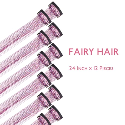Image of WENNALIFE Hair Tinsel kit for Girls, Clip in Pink, 12PCS 24 Inch Hair Accessories for Women Clip in Colorful Glitter Tinsel Hair Fairy Girls Hair Accessories for Kids