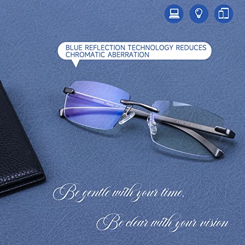 Premium Aluminum Progressive Multifocus Reading Glasses Men Blue Light Blocking, Missfive No-Line Spring Hinge Rimless Office Multifocal Metal Readers, 1.0X-2.0X On A Lens For Mid-Near Range, Gunmetal #TOP3