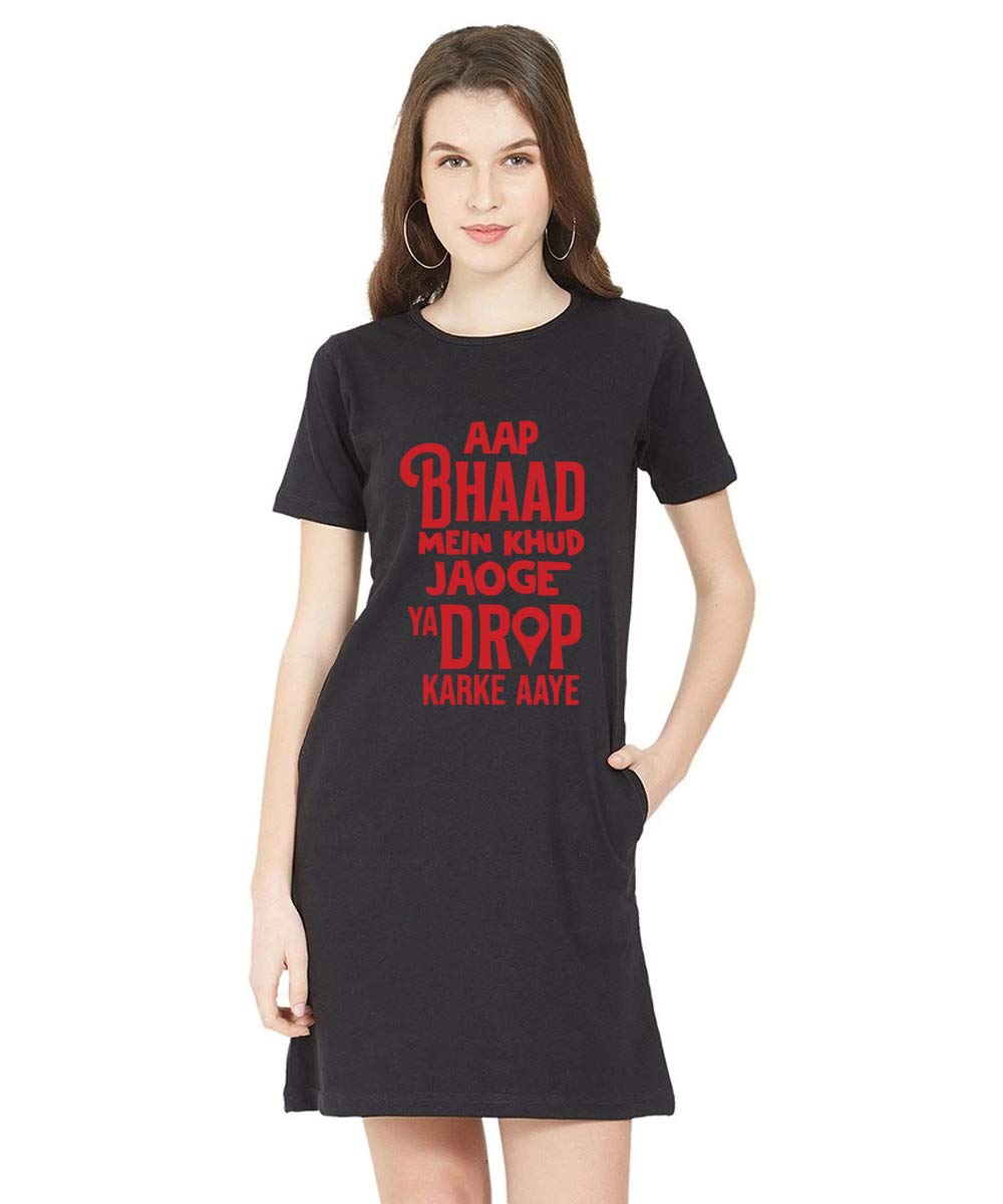 Caseria Women's Round Neck Cotton T-Shirt Dress with Printed Graphics and Side Pockets - Drop Karke Aaye