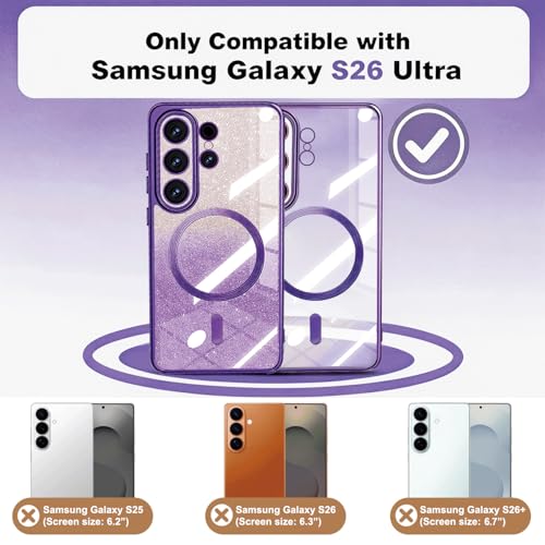 Image of Misscase for Samsung Galaxy S26 Ultra Case Compatible with MagSafe,Built-in Camera Lens Protector Full Protection Soft TPU Anti-Scratch Anti-Fingerprint Magnetic Glitter Slim Case Cover Purple