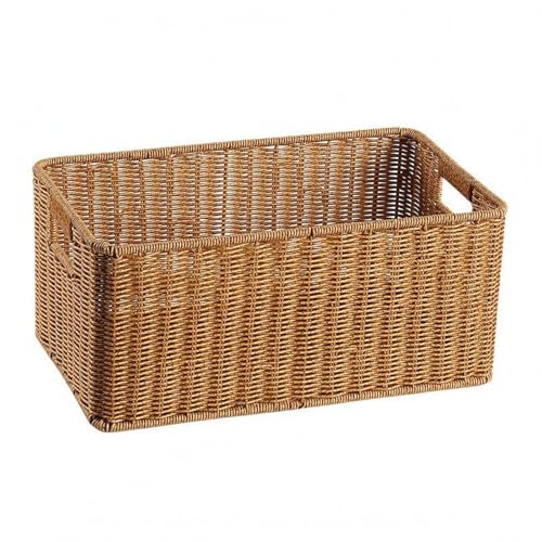 Panier tressé imitation rotin rockible corbeille rangement café clair 42x25x19cm - 2