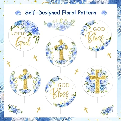 Décorations cupcakes bleues et croix religieuse, cadeau idéal pour baptême garçon