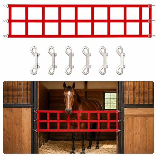 ElaraBerry 10 ft Adjustable Stall Guards for Horses Heavy Duty Polypropylene Webbing Stalls Guards Red Stall Gate with 6 Nails and 6 Hooks for Stables Barns Breeding to Keep Horse Securely
