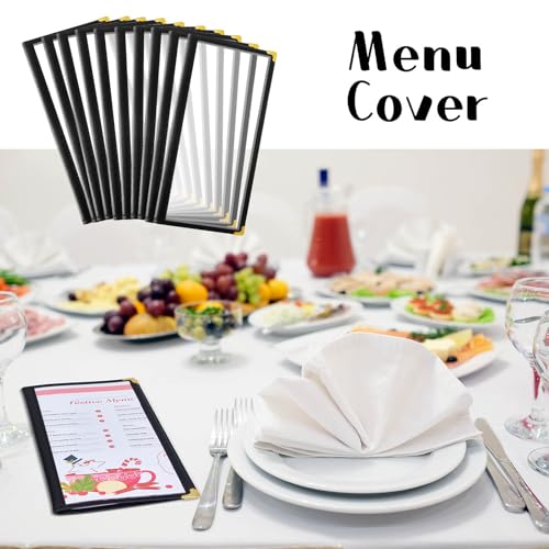 Image of Ziliny 20 Pcs 4.5 x 11 in Transparent Restaurant Menu Covers, Clear Covers | With Metal Corners, Clear PVC Sleeves, Black Folder Menu Book, 2 Page 4 View, For Wine Drinks Coffee Bars Restaurant