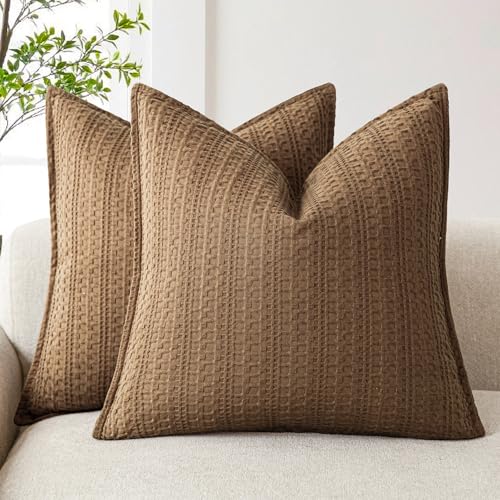Image of Foindtower Set of 2 Decorative Cotton Waffle Weave Throw Pillow Covers Euro Shams Cushion Covers Accent European Pillowcase for Bed Couch Sofa Bedroom Living Room Home Decor 18x18 Inch Orange Brown