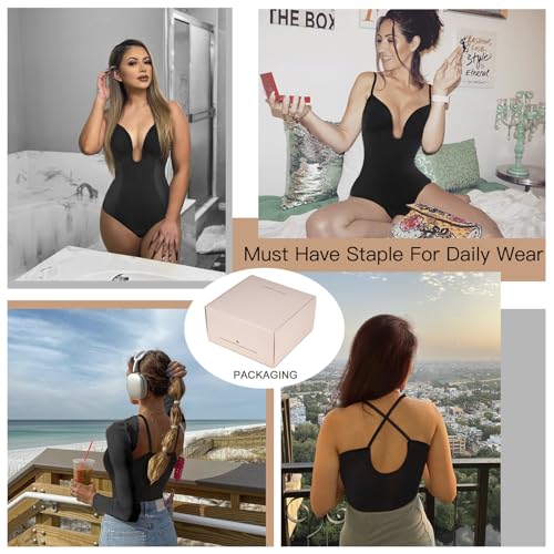 Decorus Women's Low Back Shapewear Tummy Control Deep V Neck Backless Body Shaper Plunge Thong Bridal Bodysuit Built in Bra4
