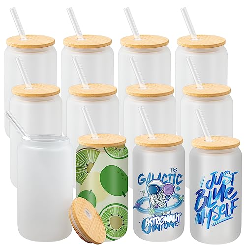 Kaxtde Lot de 12 bocaux en verre givré de 470 ml avec couvercle et paille, pour sublimation DIY, pour jus, soda, bière, café glacé, matcha