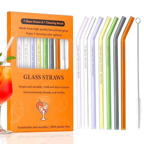 POKOPIA Glasstrohhalme Aperol Spritz Geschenk 7 Stück 20 cm Wiederverwendbare Gebogene Bunte Glasstrohhalme inkl. Reinigungsbürste Das Ideale Aperol Spritz Geschenkset für Aperol-Liebhaber