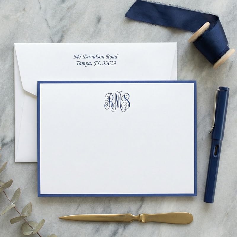 Del Mar Monogrammed Flat Cards - Raised Ink Stationery