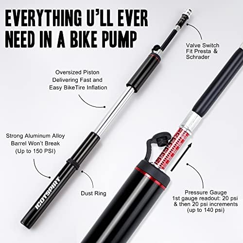 Mini Pump Bicycle Pump 260PSI/150PSI Air Pump Bicycle (Presta & Schrader) Portable Aluminum Alloy Mini Road Bike Pump with Ball Pin and Frame Mount for Mountain Bikes, Road Bike, E-Bike