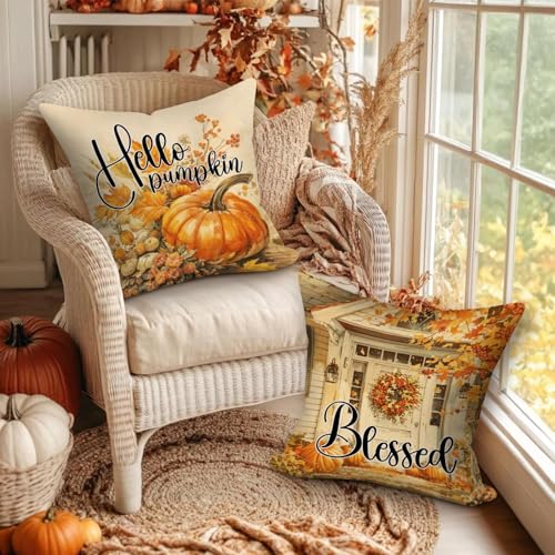 Image of Benjia Fall 14x14 Throw Pillow Covers Set of 4, Watercolor Pumpkin hut car Decorative Holiday Pillow Case 14 x 14 Autumn Cushion Covers Thanksgiving Pillowcase for Indoor Home Bedroom Sofa Decor