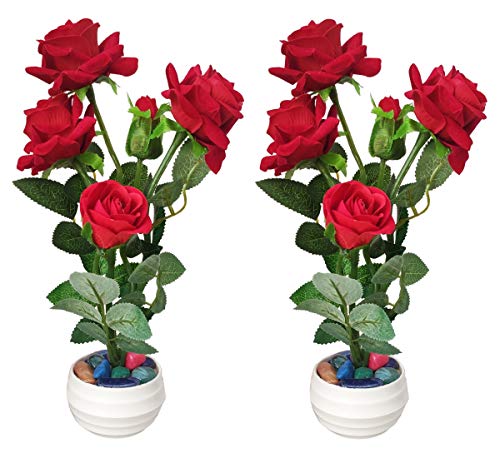 Set of 2 Red Rose Artificial Flower Plant with Pot Best for Home/...