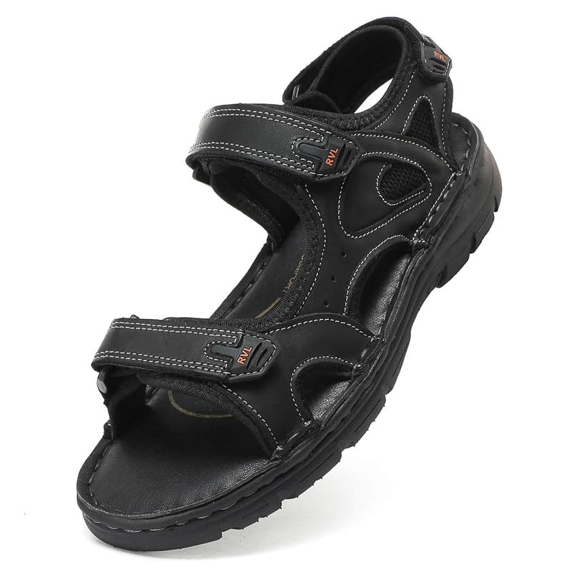 ziitop Herren Leder Sandalen Outdoor Trekkingsandalen Sommer Männer rutschfeste Leichte Trekkingschuhe Verstellbare Beach Sandalen Schwarz 43 EU