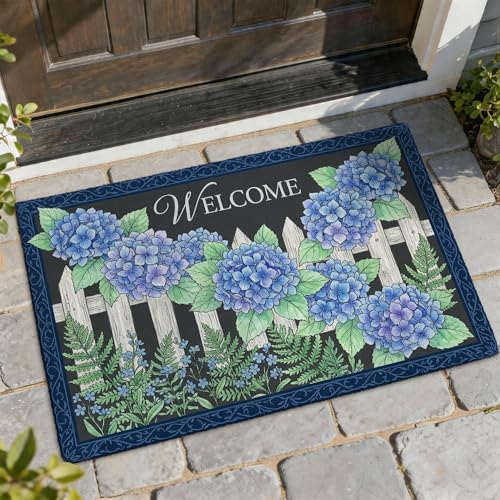 Hortensia - Tapete de bienvenida para puerta, diseño floral, rústico, helecho, primavera, azul, antideslizante, para decoración del hogar, entrada, porche al aire libre, balcón, 29 x 17 pulgadas