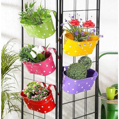 Image of 12 INCH Anti Rust Railing Oval Planter for Balcony & Garden with Detachable Handle | Hanging Flowerpot Holder | Metal Wall Planter for Indoor and Outdoor Decor (Multicolour Polka Dot, 5)