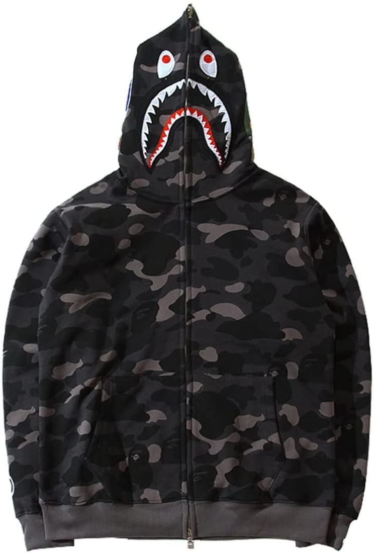 Niuvoo Unisex Grey Shark Hoodie Men's Camo Shark Print Jacket Long Sleeve Sweatshirt Camouflage For Men Teen(Color:,Size:s)