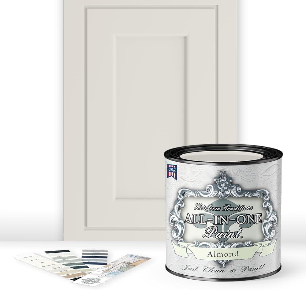 ALL-IN-ONE Paint, Durable cabinet and furniture paint. Built in primer and top coat, no sanding needed. Includes our 30 featured color card - Almond, Quart 32 Fl Oz (Pack of 1) Almond