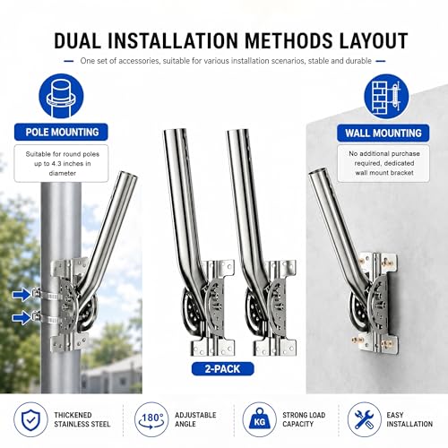 Image of Universal Heavy Duty 430 Stainless Steel Antenna Mount Pole - 1.38 inch Dia x 14.6 inch L Mast for Wireless Bridges, Outdoor Antennas, Starlink, Weather Stations & WiFi Extenders, Silver (2-Pack)