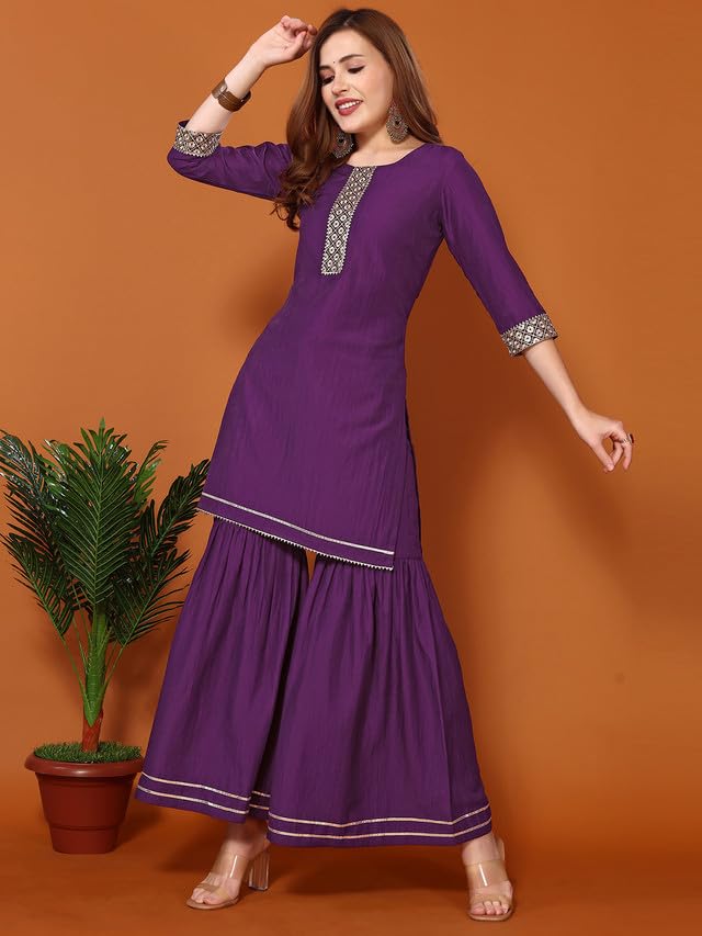 Image of SIRIL Women's Polyester Chinnon Embroidery A-Line Kurta & Sharara & Dupatta