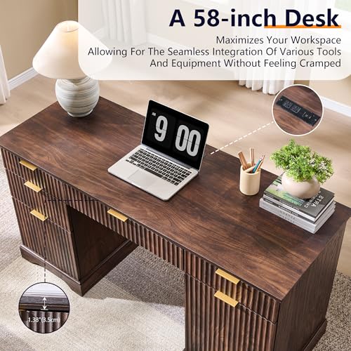 Image of 58 inch Modern Wood Executive Desk with 5 Drawers & 1 Cabinet, Built‑in Outlet | Fluted Computer Writing Desk for Study, Living Room, Bedroom, Dark Walnut