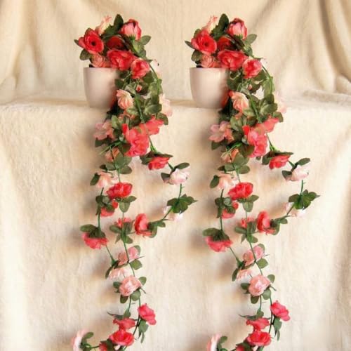 Image of Dekorly Artificial Hanging Garland with Pot - 100cm Rose Vine, 10cm Decorative Pot for Table, Shelf & Wall Decor (2)