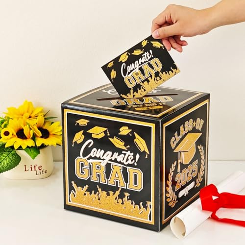 Image of Graduation Card Box 2026 Black and Gold Class of 2026 Card Box with 30PCS Graduation Advice Cards for Congrats Grad Party Favors Supplies