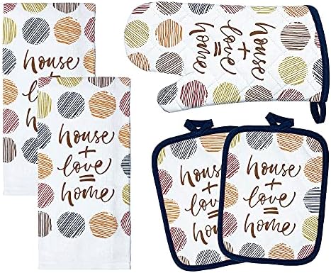 Franco Kitchen Designers Soft and Absorbent Cotton Towels with Pot Holders and Oven Mitt Linen Set, 5 Piece, House Plus Love