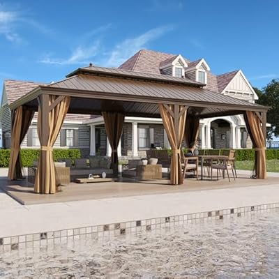 GAZEBEST 12' X 22' Hardtop Gazebo, Outdoor Galvanized Steel Double Roof Permanent Aluminum Frame Pavilion Pergola Canopy with Privacy Curtains for Garden, Patio, Backyard, Deck and Lawns