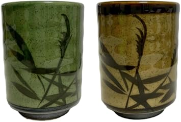 Japanese Traditional Ceramic Yunomi Tea cup Set, H4.0 x3.11 Inches in diameter, 10.8 Fluid Ounces, Mino Ware, Reed Motif Design Mashiko for Hot Green Tea, Set of 2 from Japan Green, Brown