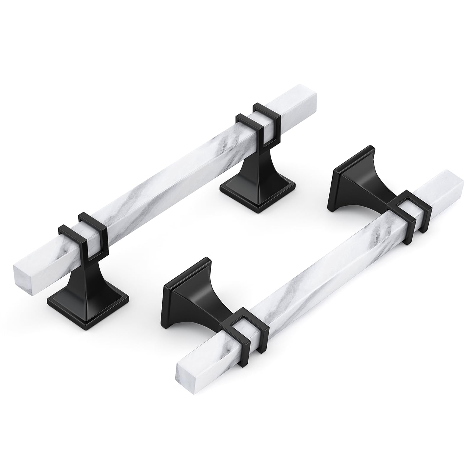 Lepatape 10 Pack 3 Inch White Marble Cabinet Pulls, Black Cabinet Handles Marble Grain and Black Pulls, Kitchen Cabinet Handles Square Dresser Drawer