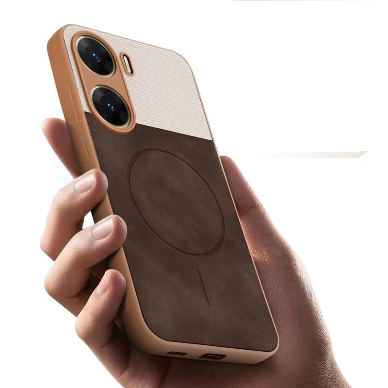 Image of Bintage case Macc-Safe Design Hard Light Weight Back Case | Soft Border Camera Protect | Dual PU Leather Finish Back Cover Compatible for Vivo V29e 5G - White & Cherry Brown