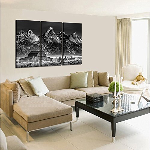 Kreative Arts - Black And White Canvas Prints Wall Art 3 Pieces John Moulton Barn On Mormon Row Landscape Picture Grand National Park Usa For Living Room Home Office Decor Ready To Hang 16X32Inchx3Pcs #TOP2