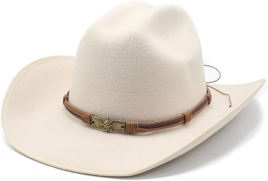 Classic Western Cowboy Hat, Tan Felt with Leather Band, Wide Brim, Decorative Metal Accent