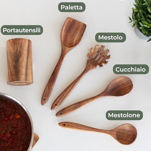 WALDWERK Set di Utensili da Cucina in Legno di Teak â Set da 4 Pezzi con Spatola, Cucchiaio, Mestolo per Pasta e Supporto â Cucchiaio da Cucina in legno â Spatola in legno - immagine 4