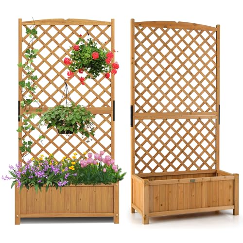 CHEFJOY Wooden Planter Box with Trellis, 71” Freestanding Garden Planter w/Lattice Panel & Drainage Holes, Indoor & Outdoor Raised Garden Bed with Trellis for Vine Climbing Plants (2)