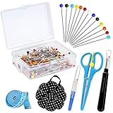 Kit de herramientas de alfiler de costura: Viene con 300 piezas de 10 colores de alfileres de costura (32 mm), 1 pieza de un alfiler de flores, 2 piezas de agente de desgarro de costura, 1 tijeras y 1 regla de medición, que puede satisfacer tu demanda de ropa de bricolaje o costura.