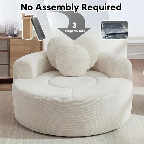 Image of Oversized Round Chair Lounge Chaise Indoor, 54.3 inch Upholstered Corduroy Deep Seat Single Cloud Sofa Chair with Heart-Shaped Pillow Modern Large Circle Boneless Couch for Living Room, Beige White