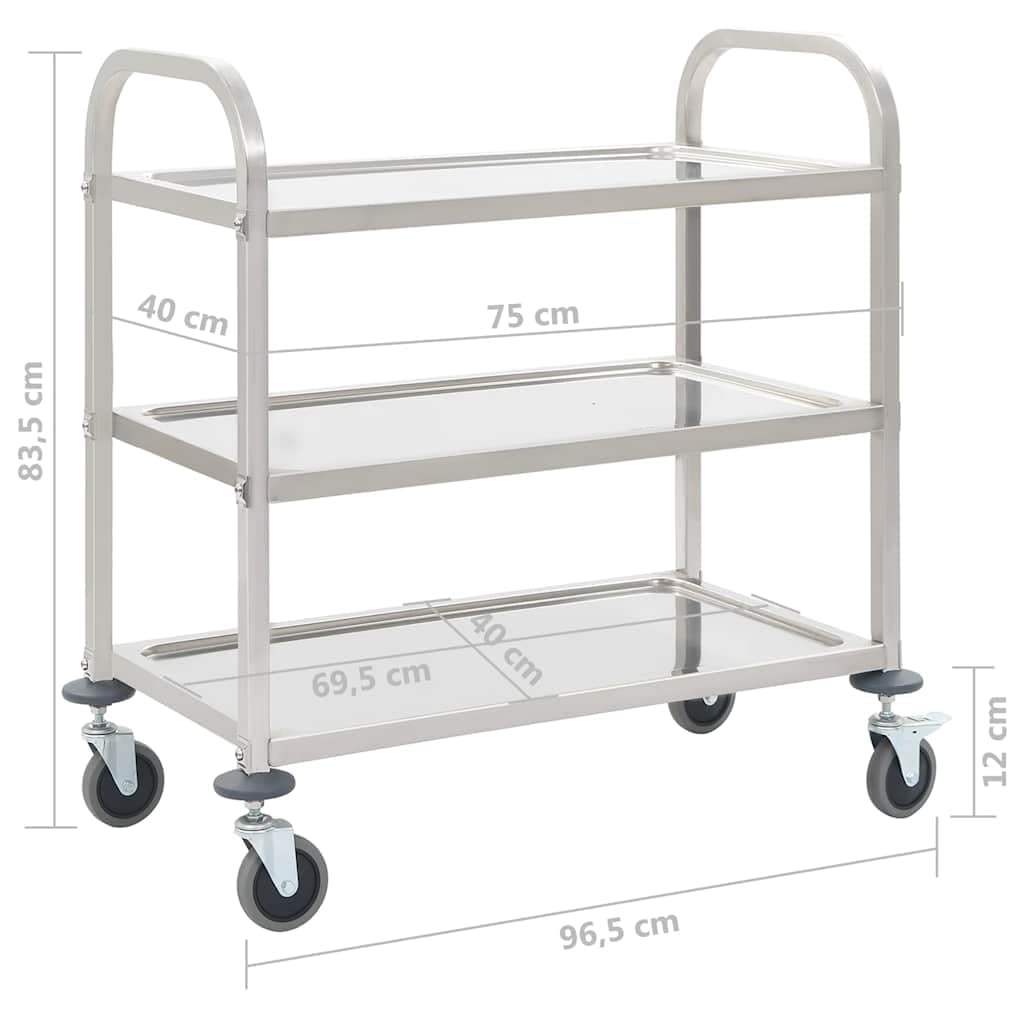 Carrello da cucina a 3 livelli, 95 x 45 x 83,5 cm, in acciaio inox, con ruote e freni, ideale per cucina, sala da pranzo, soggiorno, spazio e conservazione