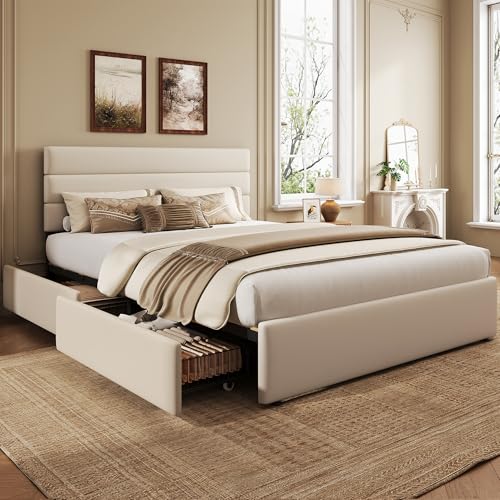WLIVE Queen Size Upholstered Bed Frame with 4 Storage...