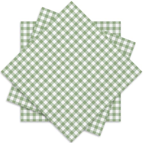 Whaline Sage Green Plaid Paper Napkins Checkered Disposable Dinner Napkins Decorative Luncheon Napkins for Home Party Table Decor, 50Pcs