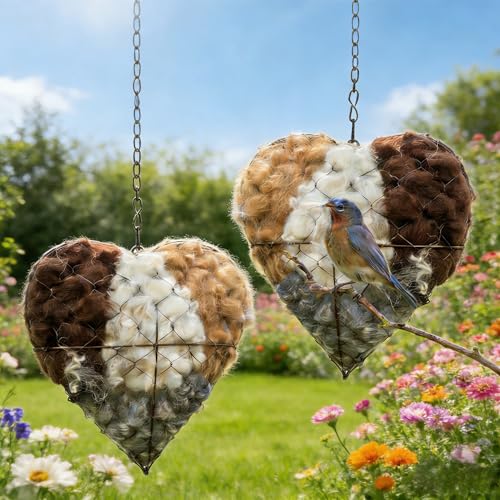 YINGBALHL Handmade Alpaca Fiber Bird Nesting Heart with 2 Refill Bags Reusable Nesting Material Accessory for Wild Birds Outdoor Garden Decoration Gift for Bird & Nature Lovers (1 Sets)