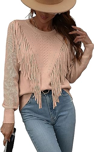 Image of Women's Casual Crewneck Fringe Tassels Crochet Long Sleeve Knitted Fall Sweater Pullover Tops