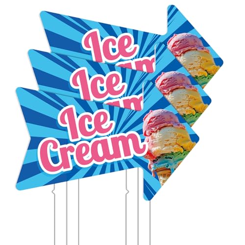 Memorywuu 3 Pack Ice Cream Arrow Sign 10 x 16 Inches Summer Yard Sign with Metal Stakes Double Sided Print Yard Signs for Outdoor Advertisement Business Decor Store Garages Offices